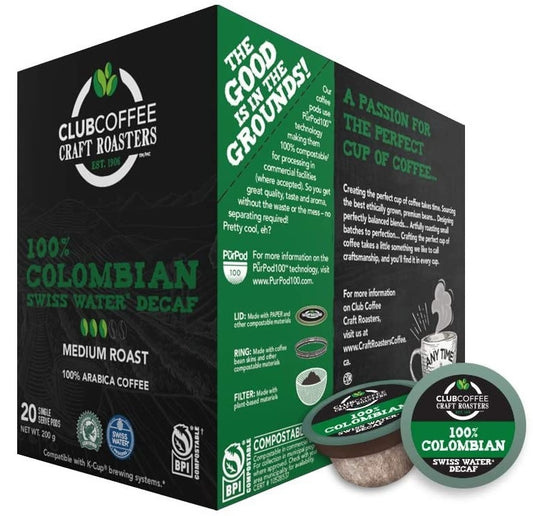 Club Coffee 100% Colombian Swiss Water Decaf 20 Pack